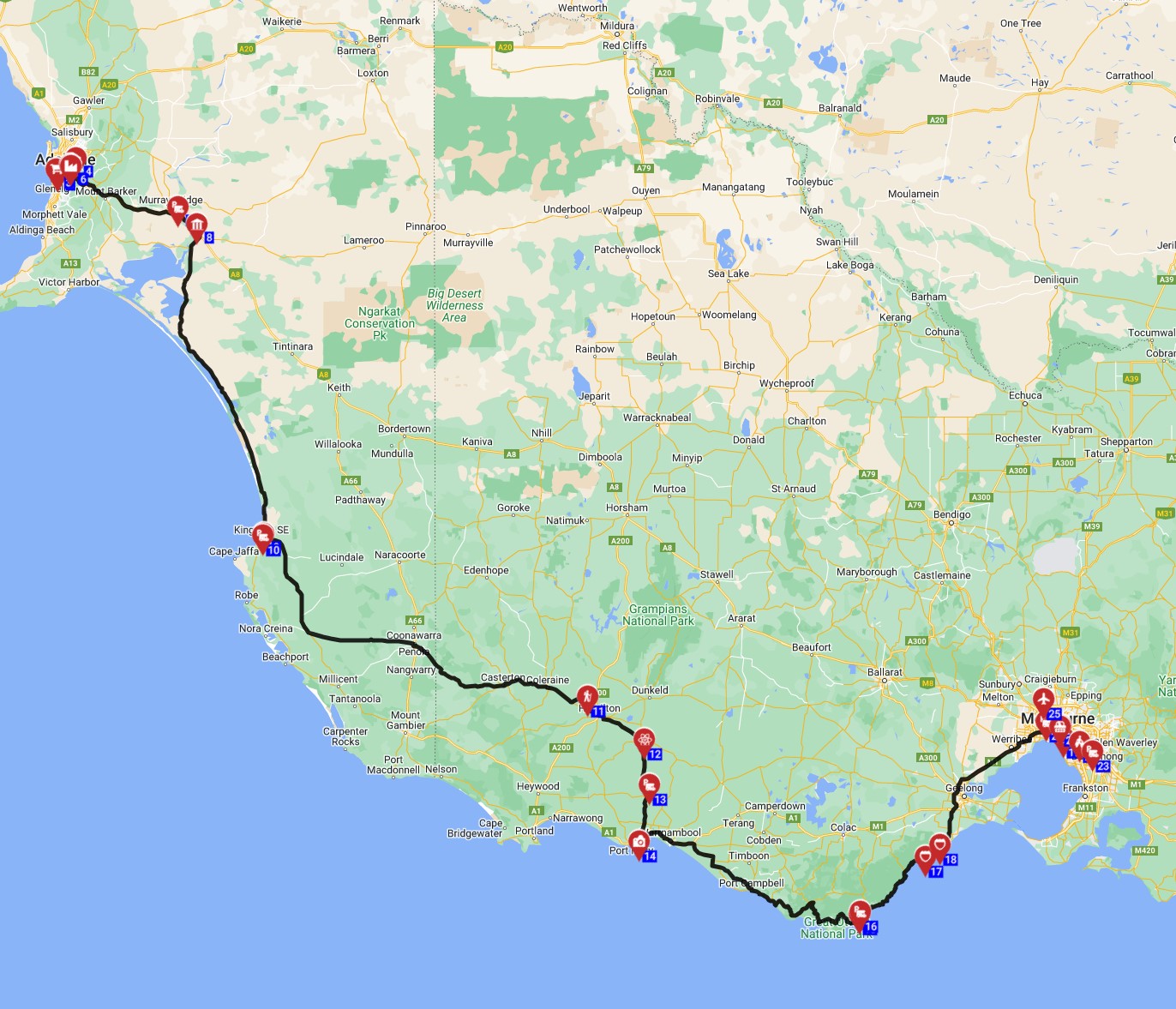 Map for Adelaide to Melbourne - Coastal Wonders and City Lights Tour